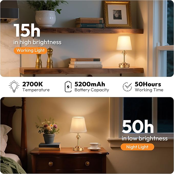 NIORSUN Portables Cordless Table Lamp, 10.2" Battery Operated Lamp, Bedside Table Lamp with Warm White,3 Way Dimmable Touch Desk Lamp for Bedroom Living Room Restaurant Whtie Shade (Gold)