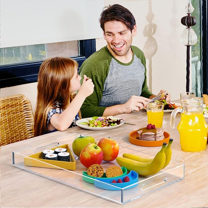 NIUBEE Acrylic Serving Tray 12x20 Inches -Spill Proof- Clear Decorative Tray Organiser for Ottoman Coffee Table Countertop with Handles