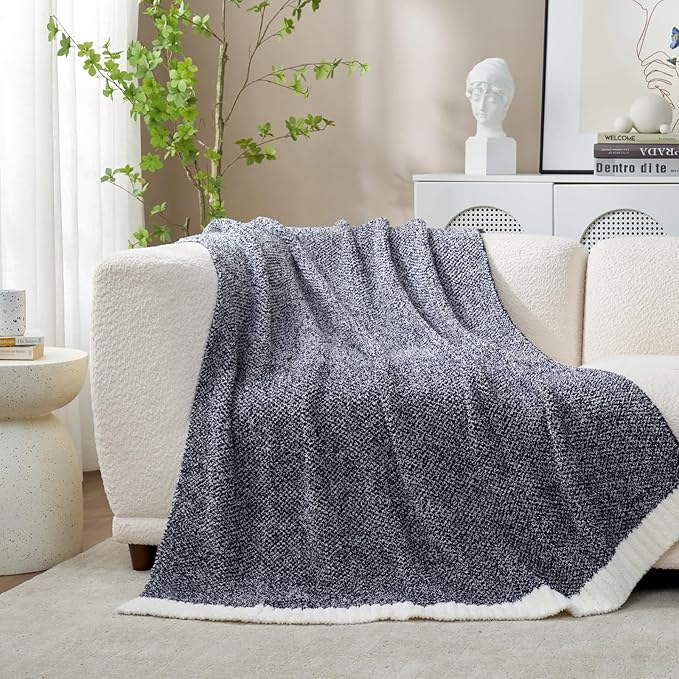 Snuggle Sac Heather Navy Oversized Twin-XL Size Blanket, Super Soft, Warm, Knit, 66x90 inches