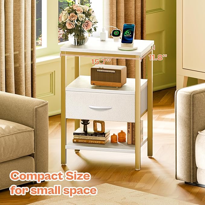 SUPERJARE Nightstand with Charging Station, Bed Side Table with Adjustable Fabric Drawer, Night Stand for Bedroom, 3-Tier Storage End Table, for Living Room, White and Gold