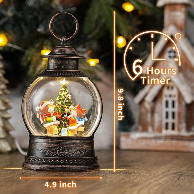 Christmas Snow Globes Lantern, Winter Scene with Yak Christmas Tree, Musical Snowglobe with LED Lights & 6h Timer Swirling Glitter Decortaions Gifts, USB/Battery Powered