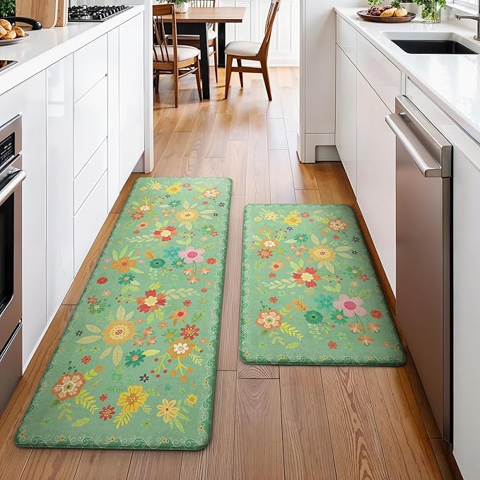GENIMO Kitchen Mats for Floor 2PCS, Cushioned Kitchen Rugs Non Slip Washable, Farmhouse Anti Fatigue Mat Waterproof, Comfort Standing Mat Rug for Office, Home, Laundry, 17.3"x47"+17.3"x30", LightGreen