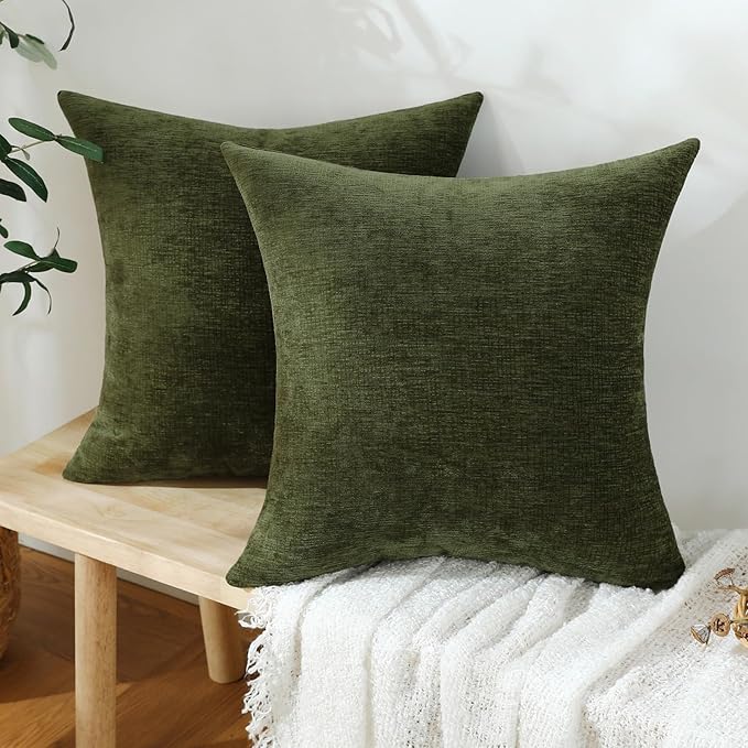 Jeneoo Sage Green Decorative Throw Pillow Covers Soft Chenille Comfy Square Couch Cushion Cases for Living Room Sofa Decor (Set of 2, 18 x 18 Inches)