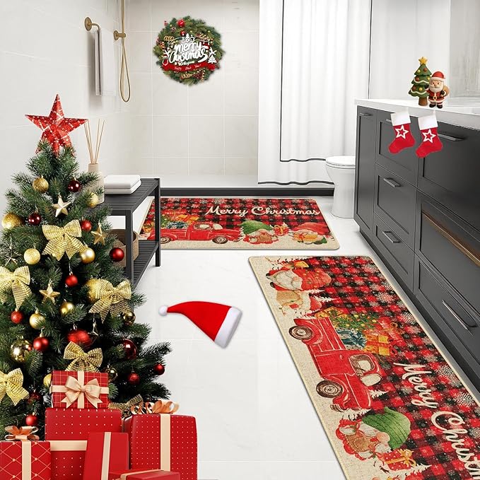 Christmas Trucks Red Buffalo Plaid Kitchen Rugs and Mats Non Skid Washable Set of 2, Gnome Xmas Kitchen Mats for Floor Decor