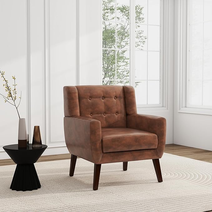 UIXE PU Leather Accent Chairs Set of 2, Modern Arm Club Chair Upholstered Armchair for Living Room, Comfy Single Sofa Seats Button Tufted Reading Seating, Coffee