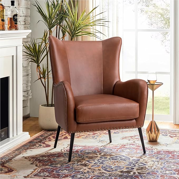 HULALA Home Faux Leather Accent Chair w/Removable Cushion, Comfy Upholstered Armchair with Black Metal Legs & Nailhead Trim Wingback Vanity Chair Desk Chair for Reading Living Room Bedroom, Brown