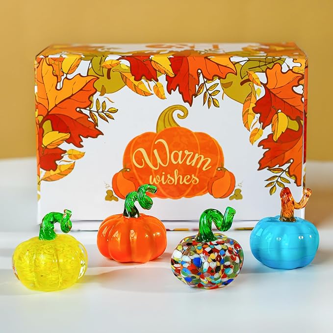 H&D HYALINE & DORA 8pcs Small Blown Glass Pumpkin Figurine Collectible Handmade Glass Halloween Pumpkin Table Art Decor for Home Thanksgiving Halloween(Colorful)