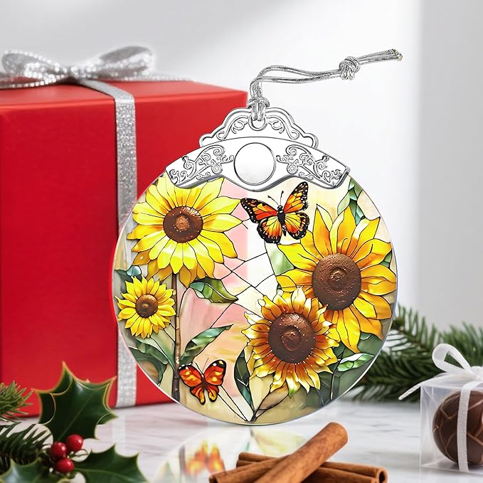 Stained Glass Ornament, Christmas Ornament, Hanging Ornaments for Home Decor & Christmas Tree Ornaments – Exquisite Holiday Decor, Xmas Gifts & Holiday Present - Sunflower & Butterfly