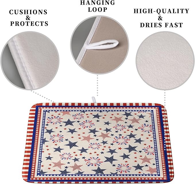 Happy 4th of July Patriotic Dish Drying Mat 18 x 24 Inch US Independence Day Vintage Star Kitchen Drying Mat Blue White Red Dish Drainer Mats Super Absorbent Dish Rack Pad for Coffee Bar Sinks