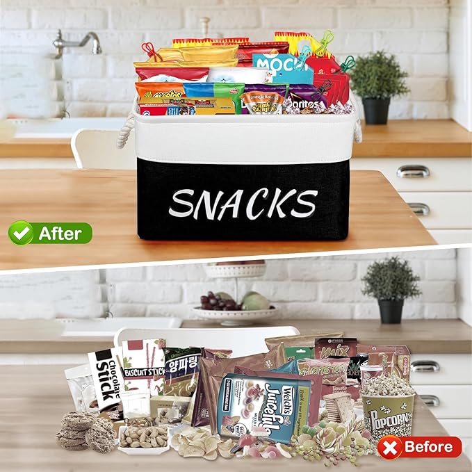 2 Pack Snack Organizer for Pantry,Decorative Snack Basket with 20 Pcs Chip Clips, Collapsible Snack Organizer for Countertop, Pantry Shelf, Office, Kitchen and More