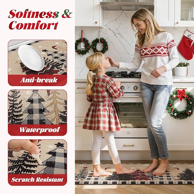Merry Christmas Xmas Tree Kitchen Mats for Floor, Cushioned Anti Fatigue Kitchen Mat Sets of 2 Waterproof Sink Rugs, Buffalo Plaid Non Skid Comfort Standing Rug for Desk Home Decor, Tan/Black