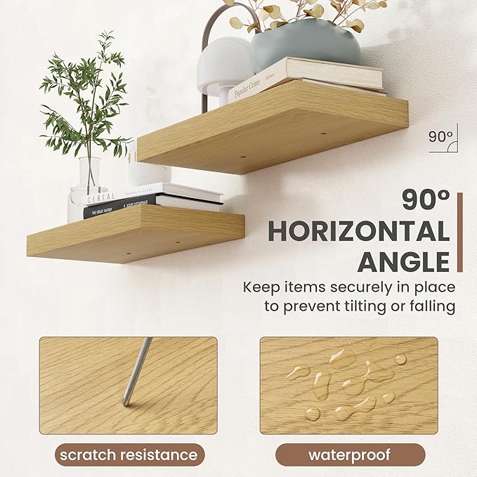24 Inch Floating Shelves, 8 Inch Deep Floating Shelves for Wall, Hanging Shelf with Invisible Brackets, Deep Shelves for Bathroom, Bedroom, Living Room, Oak, Set of 2