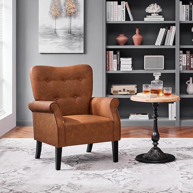Yaheetech Modern Armchair, Mid Century PU Leather Accent Chair with Sturdy Wood Legs and High Back for Small Space, Upholstered Sofa Club Chair for Living Room/Bedroom, Set of 2, Retro Brown