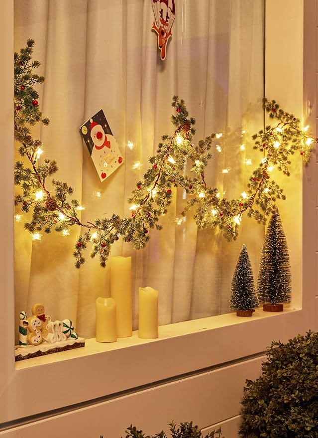 Brightown Christmas Garland with Lights, Battery Operated, 6 Ft 20 LED Lighted Pine Leaves Garland Decorated with Pine Cones, Berry, Indoor & Outdoor Christmas Lights for Mantle Stairs Wall, 2 Pack