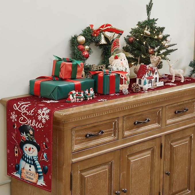 Christmas Table Runner - Red Snowman Snowflake Winter Holiday Decorative Farmhouse Table Decorations for Kitchen Dinning, Indoor Outdoor Dinner Party Decor 13x72 Inch