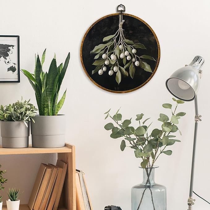 XPH Vintage Moody Christmas Round Wall Art Framed, Dark Academia Mistletoe Circle Wall Decor, Winter Cottagecore Botanical Hanging Canvas Prints for Home Bedroom Living Room Decoration, 10x10 Inch