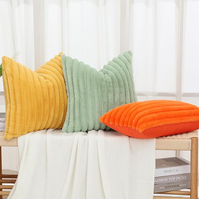 decorUhome Faux Fur Christmas Throw Pillow Covers 16x16 Set of 2, Decorative Soft Plush Striped Neutral Couch Euro Pillow Covers with Velvet Back for Sofa, Bed, Living Room Home Decor, Sage Green