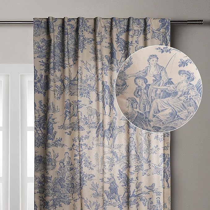 Maison d' Hermine Curtains for Living Room 100% Cotton 96 inch Length One Panel Light Filtering Toile Curtains for Bedroom Windows with Rod and Loop Pockets Drapes (The Miller Blue, 50" W x 96" L)