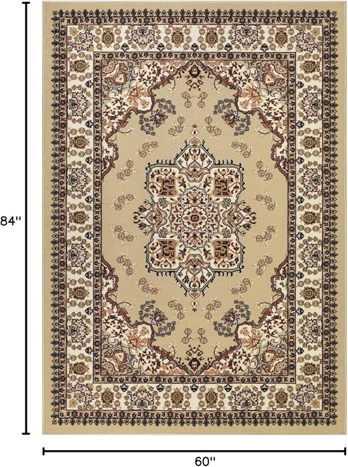 Antep Rugs Alfombras Oriental Traditional 5x7 Non-Skid (Non-Slip) Low Profile Pile Rubber Backing Indoor Area Rugs (Beige, 5' x 7')