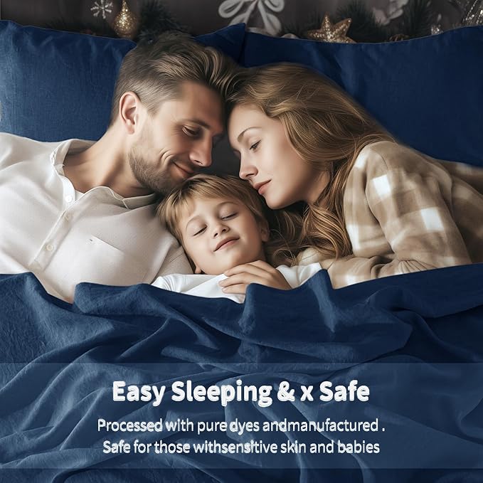 LBRO2M 100% Linen Sheet Set 16" Deep Pocket Queen Size,Bed Sheets 4 Piece Sets,Solid Color Natural Flax Bed Sheets Soft Breathable Bedding, All Season (Queen, Navy Blue)