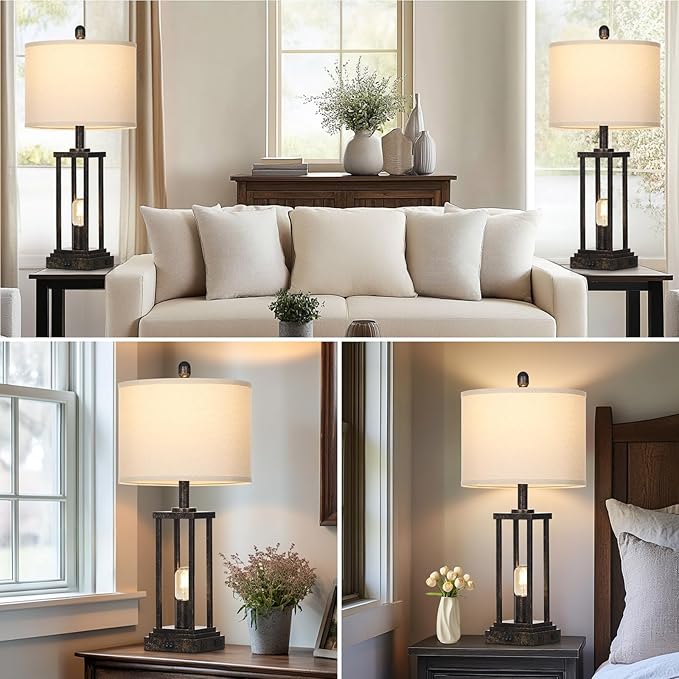 27" Tall Farmhouse Table Lamps with Night Light, Bronze Industrial End Table Lamp for Living Room, Rustic Bedside Lamps Set of 2 with USB C+A Ports & AC Outlet, Vintage Bedroom Lamp for Nightstand