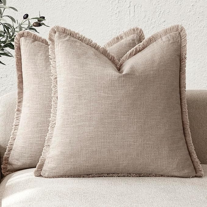 Foindtower Set of 2 Decorative Linen Fringe Throw Pillow Covers Farmhouse Cushion Cover with Tassels Soft Accent Pillowcase for Couch Chair Sofa Bed Living Room Home Decor,18×18 Inch,Natural Linen