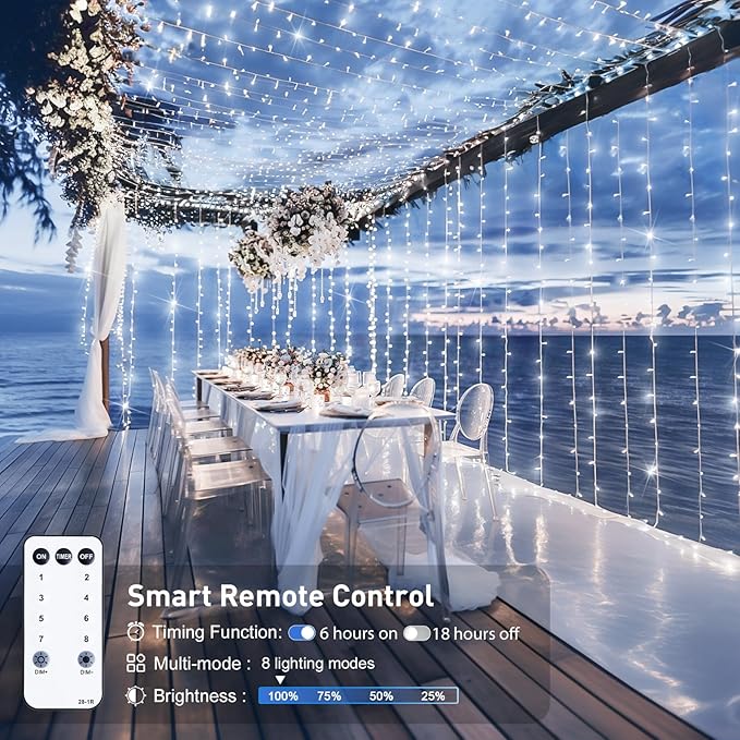 JMEXSUSS 900LED Christmas Curtain Lights Outdoor with Remote, 9.5x29.5ft White Christmas Lights Indoor Plug in, Hanging String Lights for Bedroom Wedding Backdrop Wall Window Xmas Decoration
