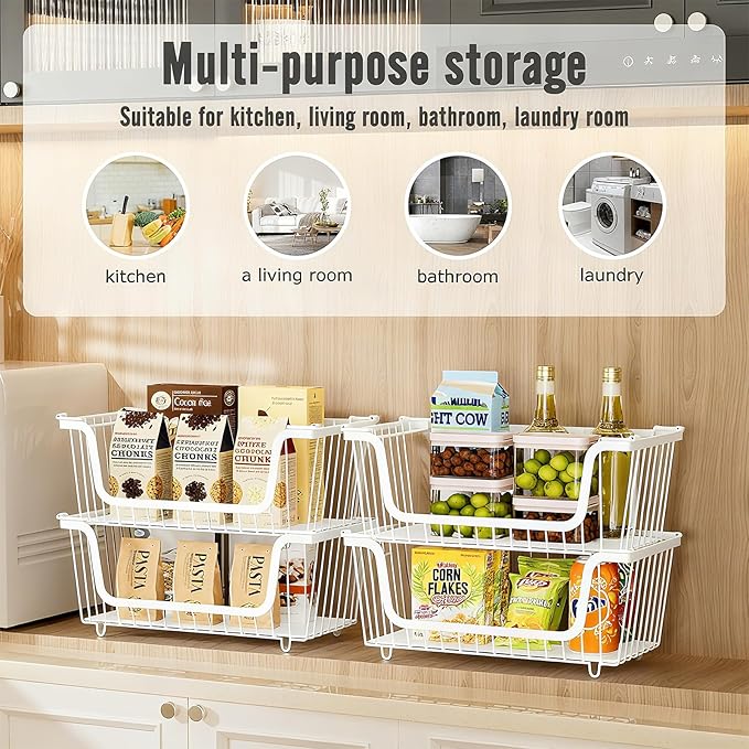 4 Pcs Stackable Wire Baskets for Pantry Organizers and Storage,Vegetable Fruit Basket for Countertop,Kitchen Storage Metal Baskets,Produce Potato Onion Storage Bin,White