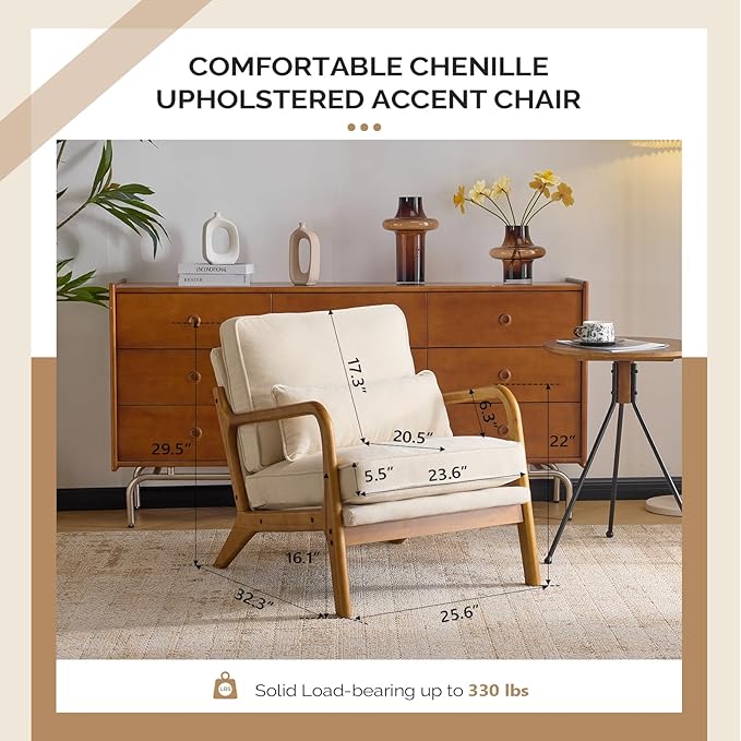VINGLI Chenille Mid-Century Modern Accent Chair Set of 2, Cute Reading Arm Chair with Cushion & Lumbar Pillow & Solid Wood Frame for Lounge, Living Room, Reading Room, Bedroom,Cream