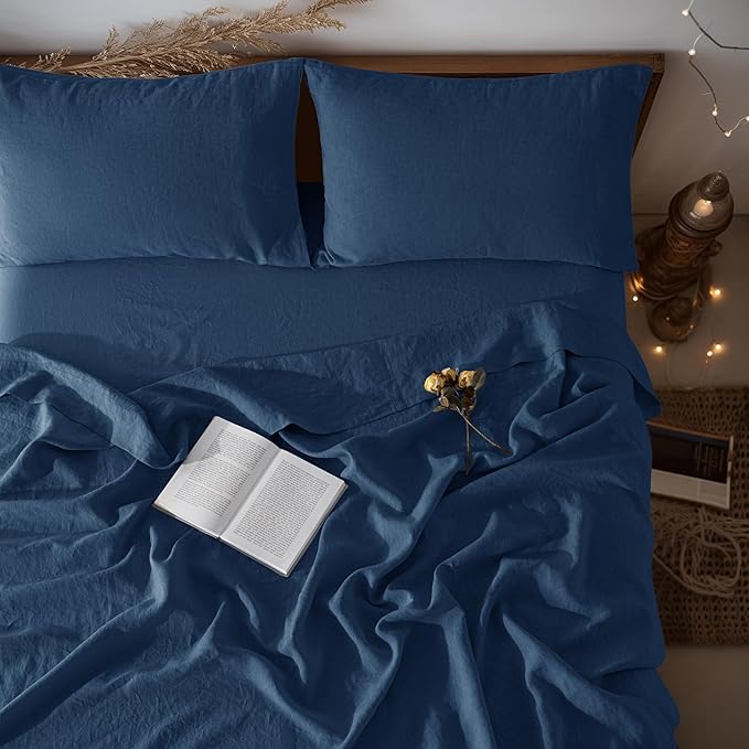 LBRO2M 100% Linen Sheet Set 16" Deep Pocket Queen Size,Bed Sheets 4 Piece Sets,Solid Color Natural Flax Bed Sheets Soft Breathable Bedding, All Season (Queen, Navy Blue)
