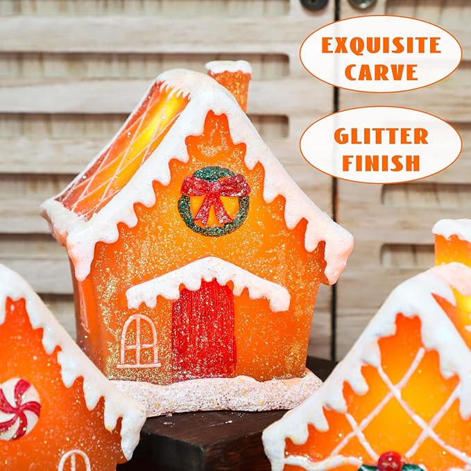 Christmas Gingerbread House Tabletop Decoration Lighted Christmas Village House Real Wax Battery Operated with Remote Flickering LED Light Christmas Village Decor for Mantel Desk Table Centerpiece