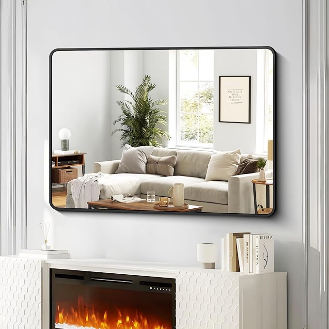 FORBATH Large Bathroom Mirror 48 x 36 Inches,Black Large Wall Mirror Aluminum Frame Wall Mounted Rounded Corner Morndern Mirror for Bathroom Bedroom Entryway Living Room