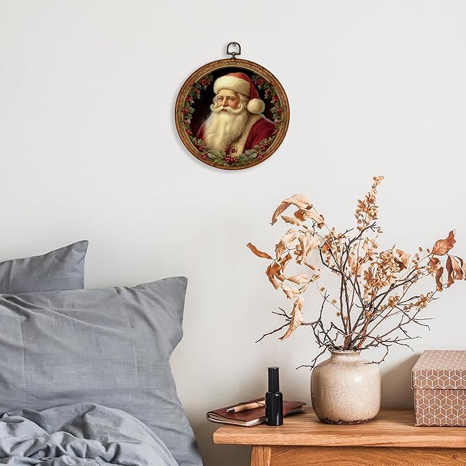 KSDUT Vintage Christmas Wall Decor Art - Retro Santa Claus Wall Art Canvas Frame Hanging Prints, Merry Christmas Xmas Holiday Round Wall Art Decor for Farmhouse Home Decorations 10"x10"