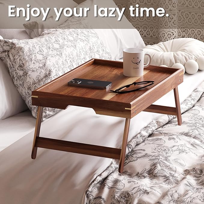 2 Pack Acacia Wood Bed Tray Table with Folding Legs,Breakfast Trays,Serving Tray for Food and Snack,Laptop Trays for Working(Natural)