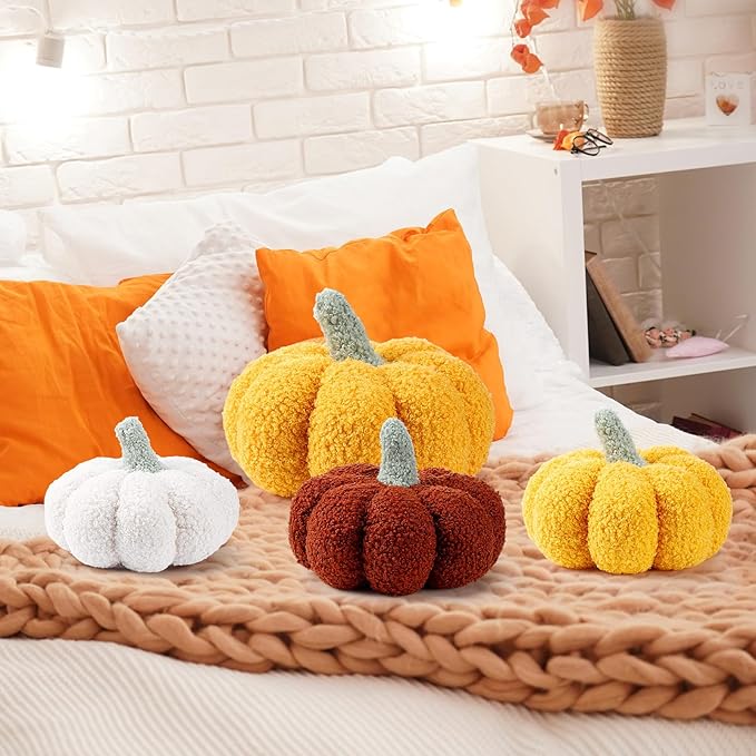 Kajaia 4 Pcs Fall Decor Pumpkin Throw Pillow Fall Pillow 11 Inches 7 Inches 3D Cushion Thanksgiving Sherpa Plush Fluffy Stuffed for Autumn Halloween Christmas Home Sofa(White, Yellow, Brown, Pink)