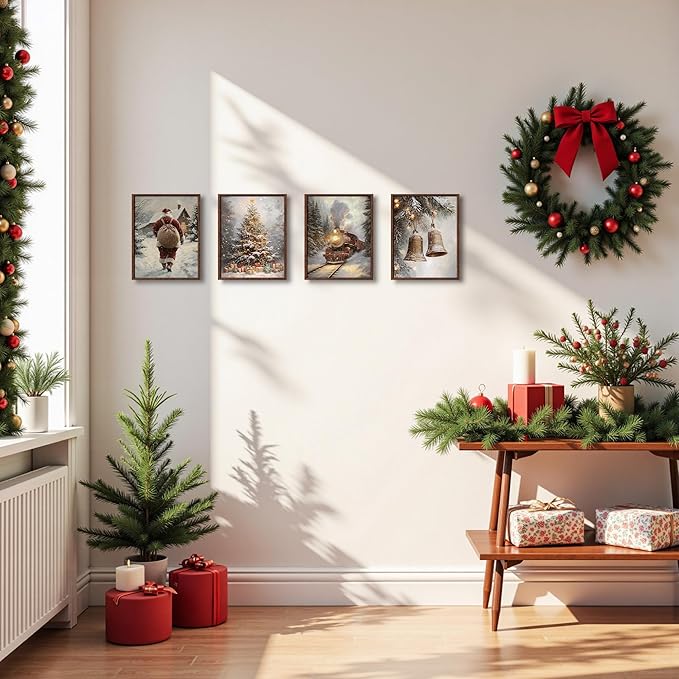 DOFQZ Winter Christmas Wall Art Prints Set of 4, Christmas Home Room Decor, Winter Snowy Xmas Train Santa Bell Pine Tree Posters for Home Bedroom Living Room Decor, 8x10 Unframed