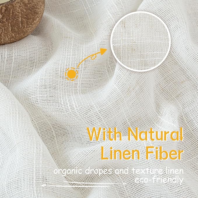 YoungsTex Linen Semi Sheer Curtains 40 Inch Length for Kitchen Window, Short White Light Filtering Drapes Textured with Rod Pocket Back Tab for Cafe Window Over Sink, 2 Panels, 34 X 40 Inch