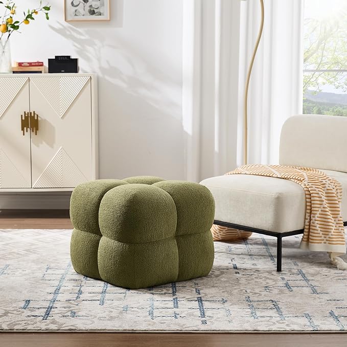 ONEVOG Olive Green Modern Ottoman, 21" Square Fuzzy Couch Sherpa Pouf Ottoman, Tufted Cute Boucle Fabric Foot Stools, Upholsered Footrest & Coffee Table & Vanity Chair for Living Room Bedroom, Dorm