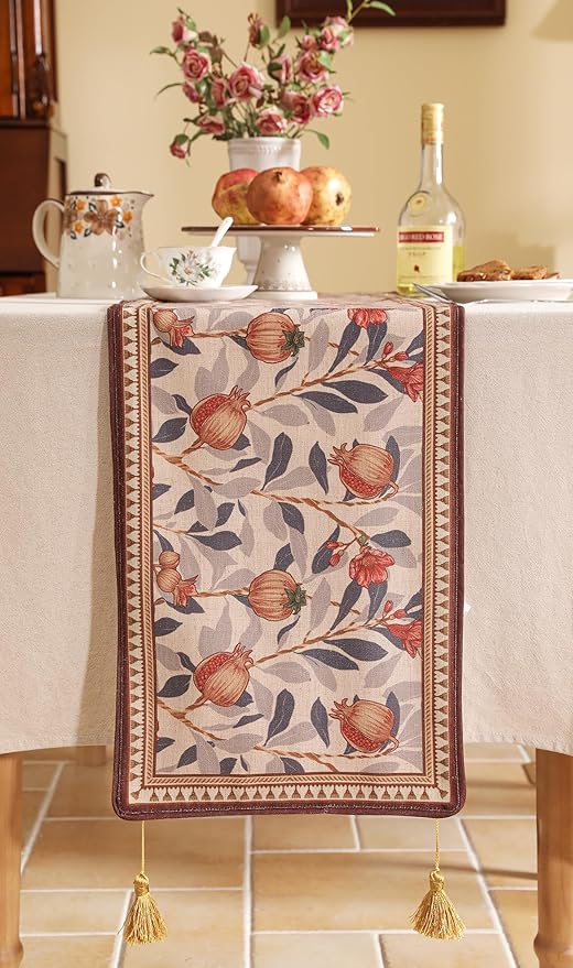 patdrea Designer Vintage SaddleBrown Linen Table Runner 102 Inch Long, Pomegranates Pattern Table Mat, Decoration for Kitchen Dining Table Coffee Table Shelf Cabinet Banquet Christmas ,12"*102"