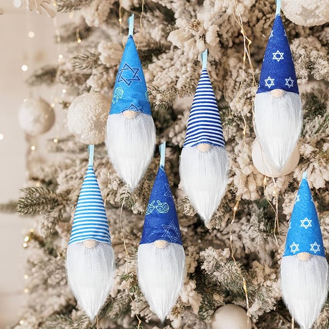 6 Pcs Gnome Hanukkah Ornaments, Handmade Chanukah Gnome Decorations Ornaments Plush Hanukkah Decorations Christmas Tree Hanging Home Table Decor