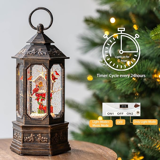Musical Snow Globe Lantern Lighted Cardinal & Birdhouse Christmas Snow Water Lantern Swirling Glittering Home Decoration and Gift, Battery Operated or USB Powered