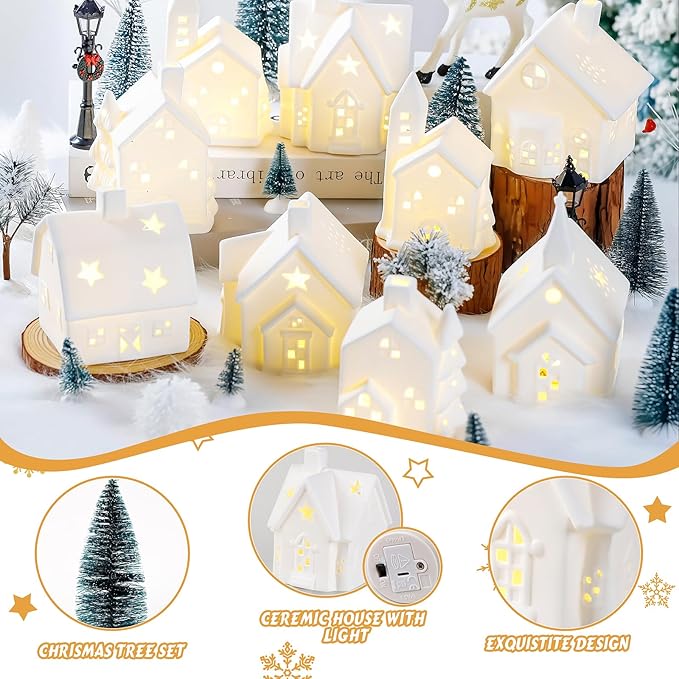 Set of 28 Ceramic Christmas Village Sets 8 Pieces White House with 18 Pieces Snow Tree 2 Lamp Vintage Christmas Decoration for Mantle Table Top Decor (Elegant)