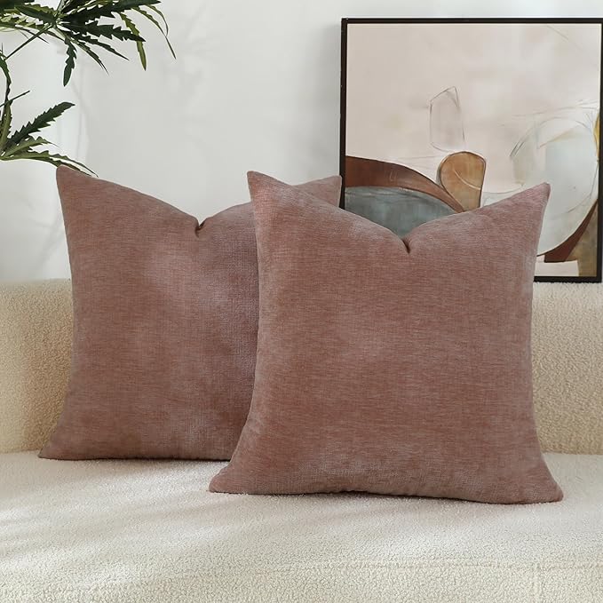 Blush Pink Chenille Decorative Couch Throw Pillow Covers, Soft Cushion Cases for Home Livingroom Sofa Décor, Pack of 2, 14 x 14 Inches