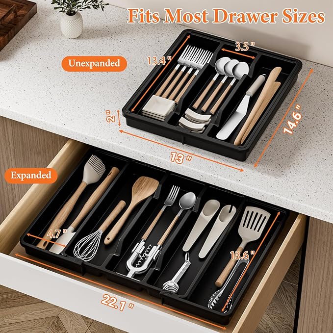 Silverware Organizer, Expandable Utensil Drawer Organizer for Kitchen Drawers, Kitchen Drawer Organizer for Spoons/Forks/Knives, Multipurpose & BPA Free Cutlery Tray, Black, 2 Pack