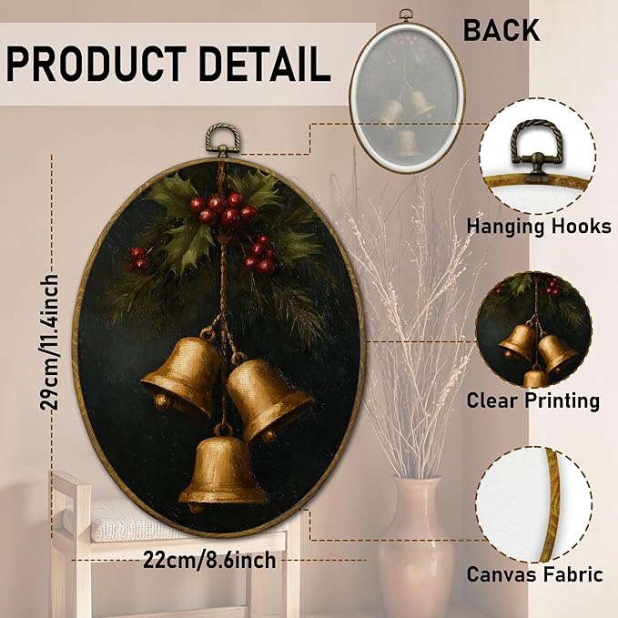 QZQE Vintage Christmas Bells Oval Wall Art Decor Framed, Dark Moody Christmas Oval Canvas Prints, Winter Holiday Xmas Bell Wall Hanging Decor for Home Bedroom Living Room, 8.6x11.4 Inch