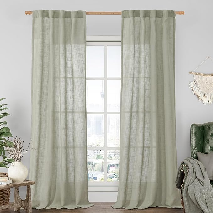 LAMIT Sage Grey Linen Boho Curtains 84 inch Length 2 Panels, Light Filtering Semi Sheer Panels Back Tab and Rod Pocket Neutral Drapes for Bedroom/Living Room, 34 x 84 Inch