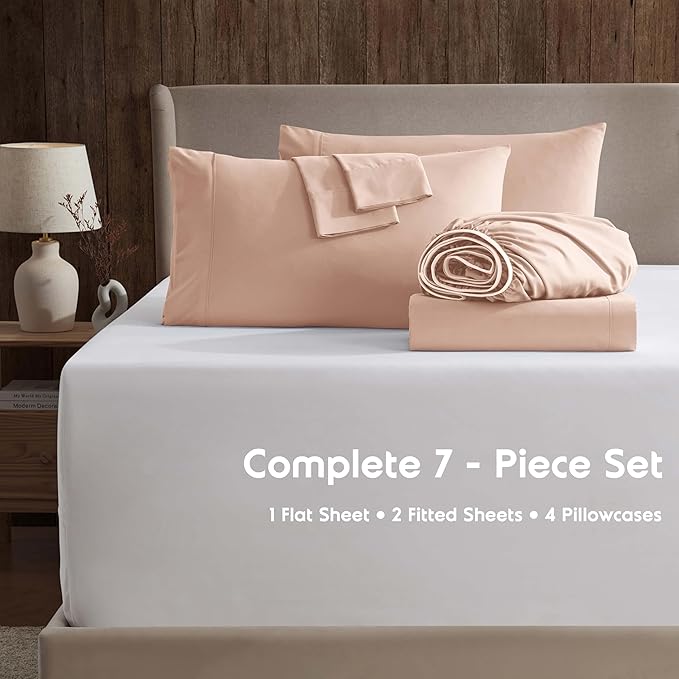 Nestl Extra Deep Split King Sheet Set - 7 Piece Breathable & Cooling Sheets - Hotel Luxury Bedding Set w/18-24 Inch Deep Pockets - Easy & Secure Fit - Super Soft, Wrinkle Free & Comfy - Peach Beige
