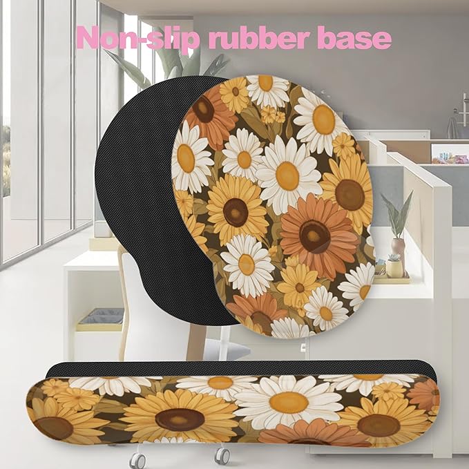 Vintage Daisy Sunflower Mouse Pad with Wrist Rest and Keyboard Wrist Rest Set, Non-Slip Rubber Base Memory Foam Mouse Pad Set for Women, Office Desk Accessories, Gaming