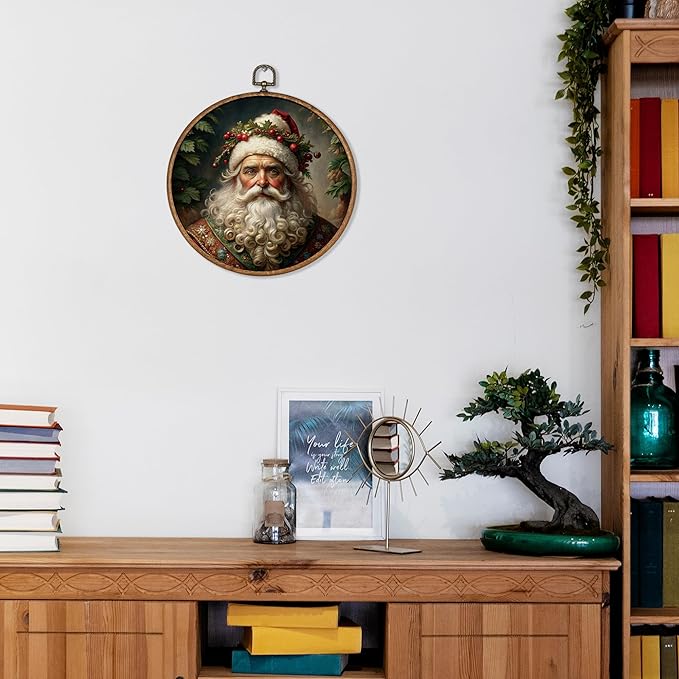 KSDUT Vintage Christmas Wall Decor Art - Retro Santa Claus Wall Art Canvas Frame Hanging Prints, Merry Christmas Xmas Holiday Round Wall Art Decor for Farmhouse Home Decorations 10"x10"