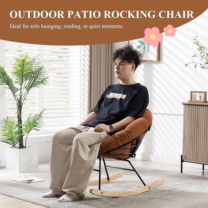 NIOIIKIT Nursery Saucer Rocking Chair, Corduroy Upholstered Round Glider Chair, Nursing Chair with Comfy Cushion, Tufted Papasan Chair, Cozy Reading Chair for Living Room, Bedroom (Brown)
